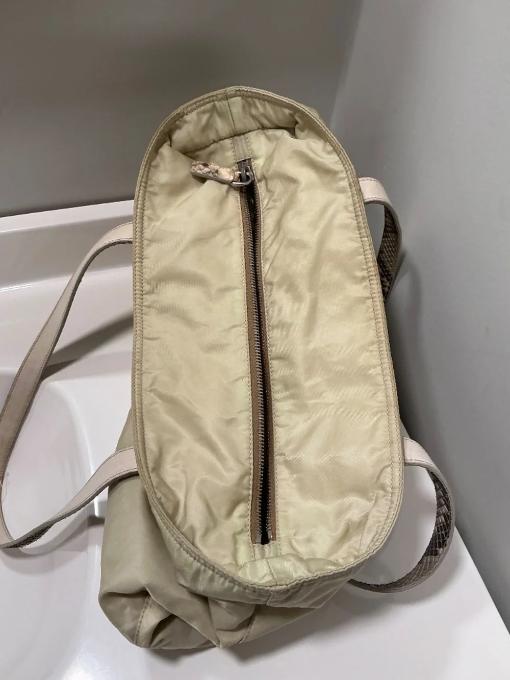 Prada beige nylon shoulder bag with genuine python accents